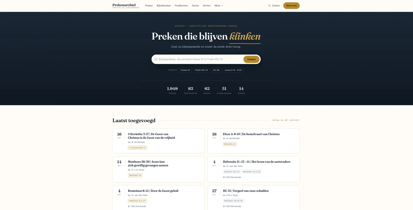 De homepage van prekenarchief.nl met de zoekfunctie en de laatst toegevoegde preken