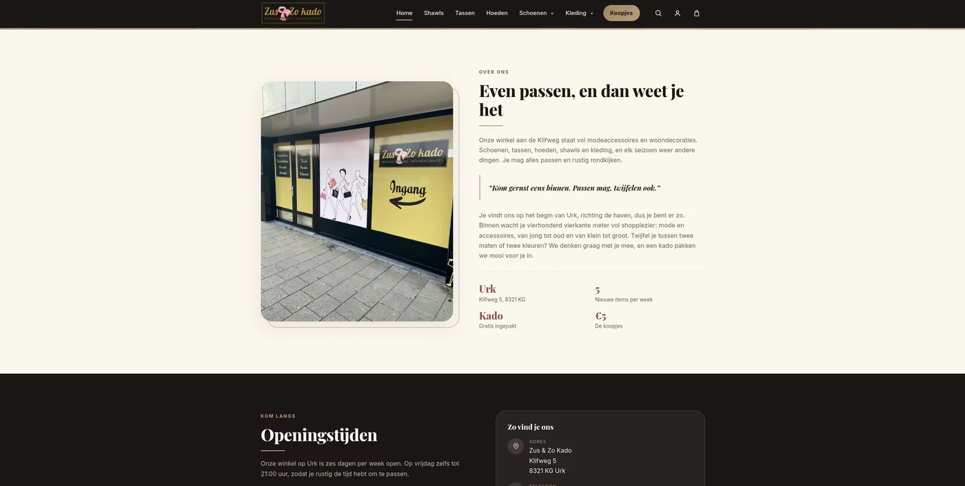 De webshop van Zus en Zo Kado met een foto van de winkel en de openingstijden